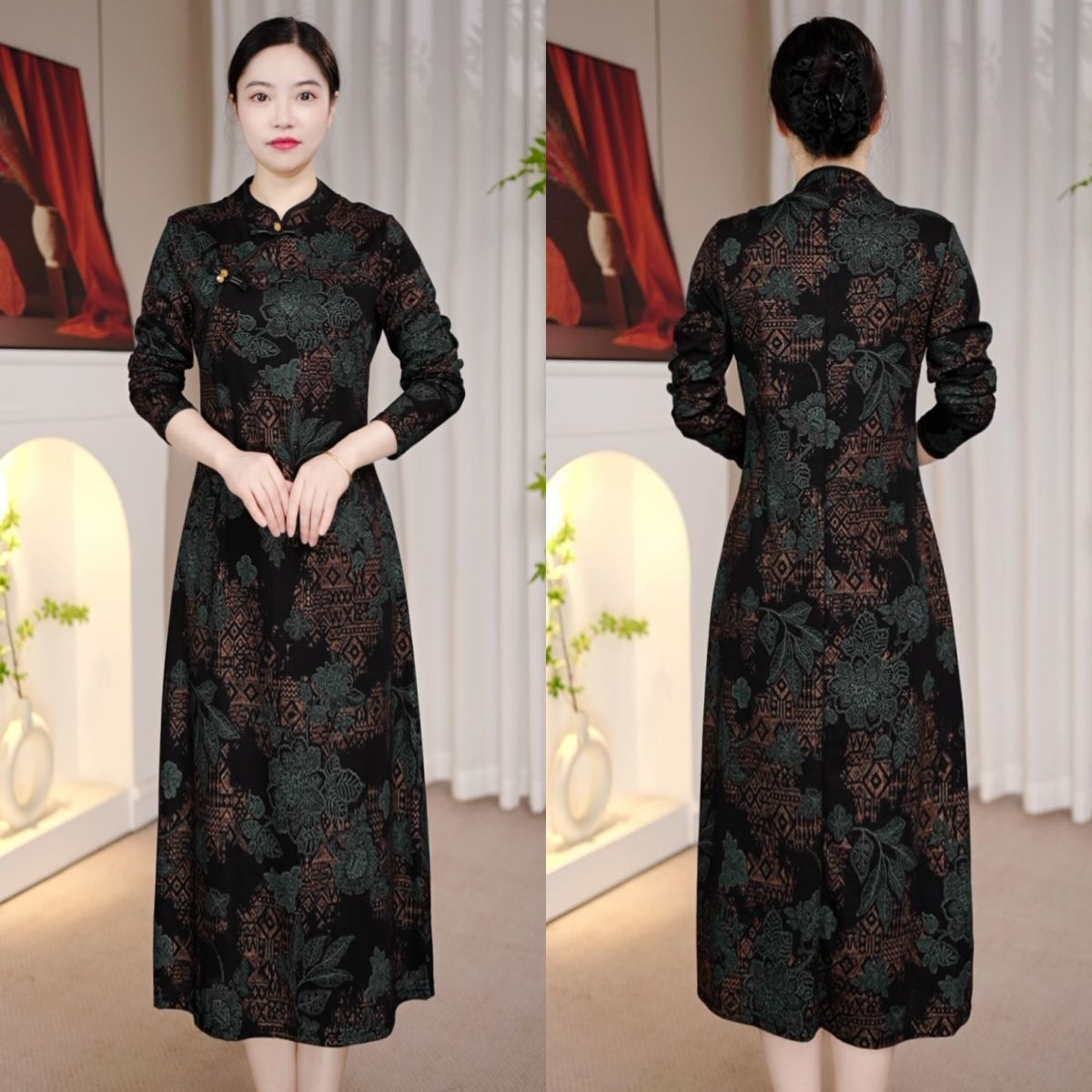 2025新款秋连衣裙女中长款修身显瘦气质旗袍裙长袖中式烫金妈妈装