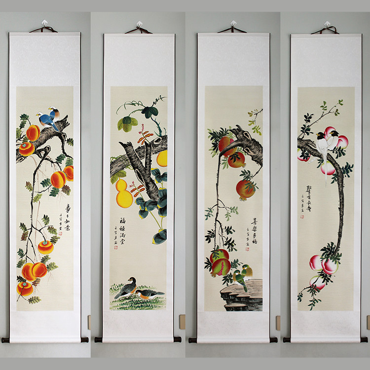 四联条屏梅兰竹菊小写意花鸟画花开富贵工笔山水仿古宣纸客厅装饰