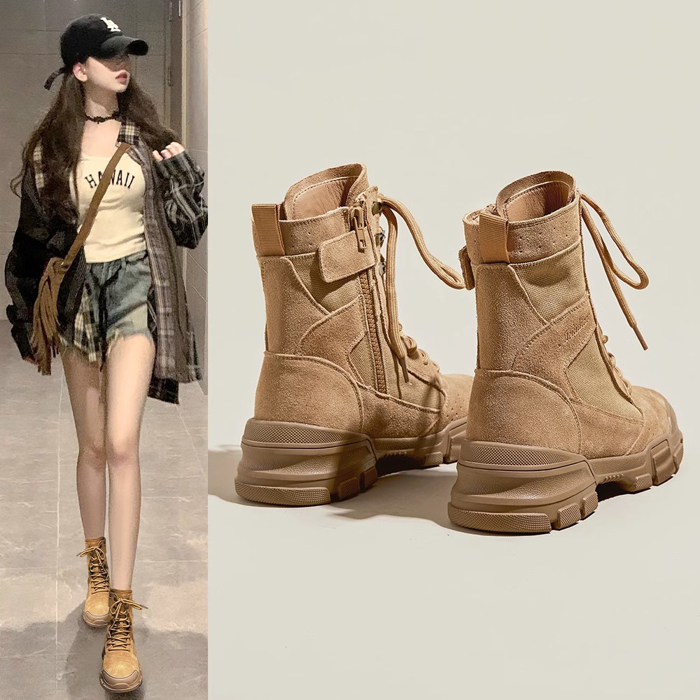 帆布马丁靴女厚底增高真皮单靴