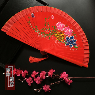 舞蹈意大利折扇平板红色孔雀花油漆画易开合双面女款西班牙木扇子