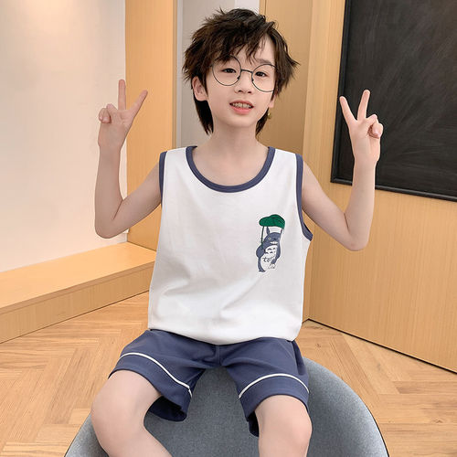 法国Anseola 纯棉儿童睡衣夏薄款男童无袖背心短裤套装男孩中大童