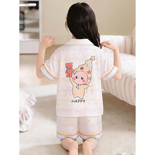 法国Anseola 夏季新款儿童睡衣女童冰丝短袖薄款套装女孩13岁卡通