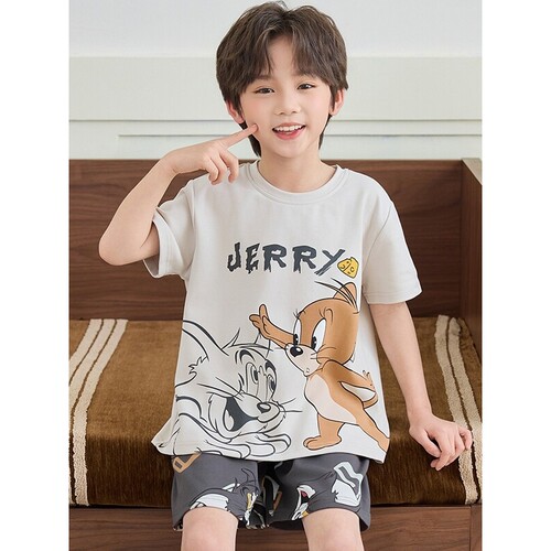 法国Anseola 儿童睡衣夏季薄款男童短袖套装夏天男孩纯棉中大童