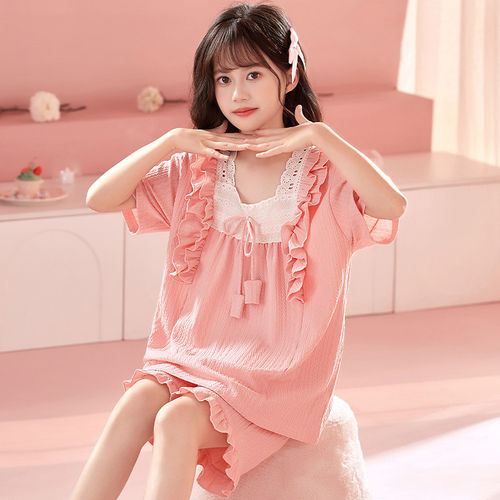 法国Anseola 儿童女童睡衣春夏季薄款短袖套装小女孩纯棉甜美宫廷