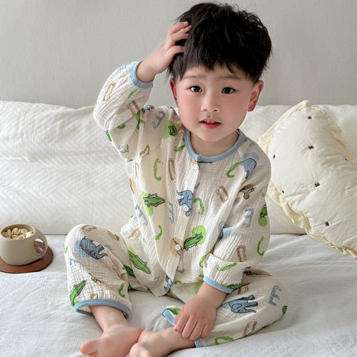 法国Anseola 宝宝睡衣纯棉薄款纱布儿童家居服春夏男童女孩长袖