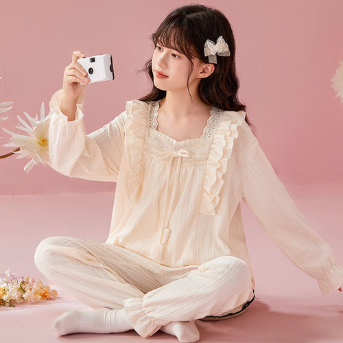 法国Anseola 儿童女童睡衣春秋季新款女孩纯棉宫廷风长袖套装初中