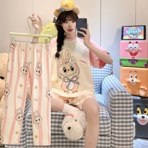 法国Anseola 夏季初中生睡衣女大童纯棉短袖薄款女孩三件套装少女