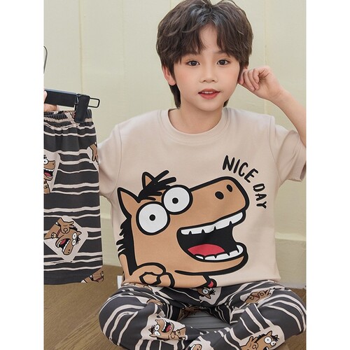 法国Anseola 纯棉儿童睡衣夏季新款男童短袖三件套中大童学生卡通