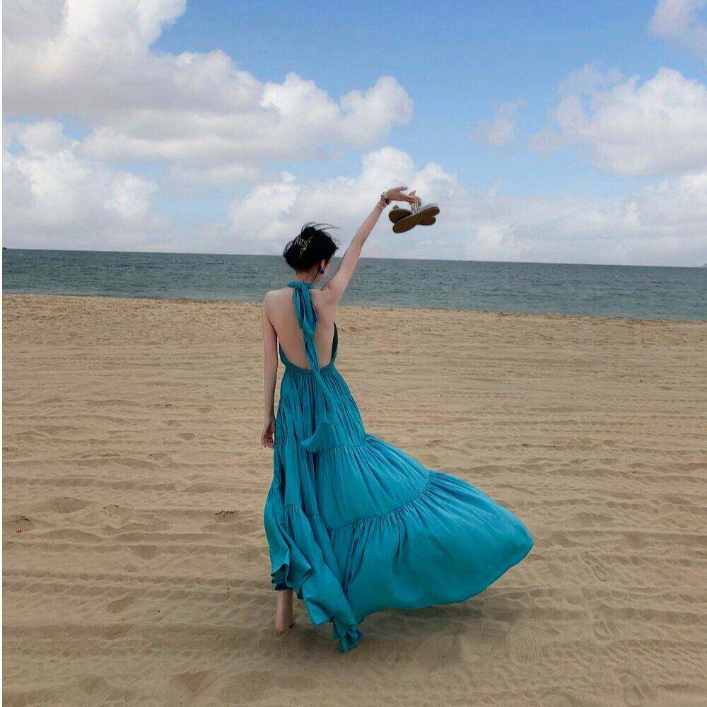 海边度假洋装露背挂颈沙滩长裙V领蓝色开叉大摆裙泰国云南沙漠