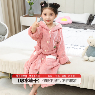 儿童浴袍男童吸水带帽女童连帽睡袍中大童冬季加厚可穿式斗篷浴巾