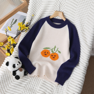 100%羊毛衫儿童圆领加厚毛衣女全羊毛针织衫打底衫羊绒衫保暖冬季