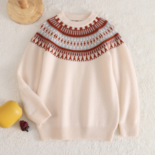 儿童100分羊毛衫费尔岛提花圆领毛衣女秋冬季复古针织衫百搭上衣