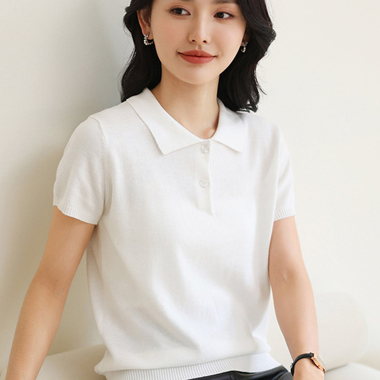纯棉POLO领半袖女士基础简约百搭休闲打底针织衫T恤薄款型短袖女
