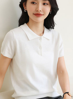 纯棉POLO领半袖女士短袖针织衫薄