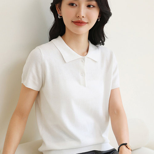 纯棉POLO领半袖女士短袖针织衫薄