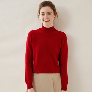 鄂尔多斯市产半高领100%纯羊毛衫女内搭毛衣宽松针织衫打底羊绒衫