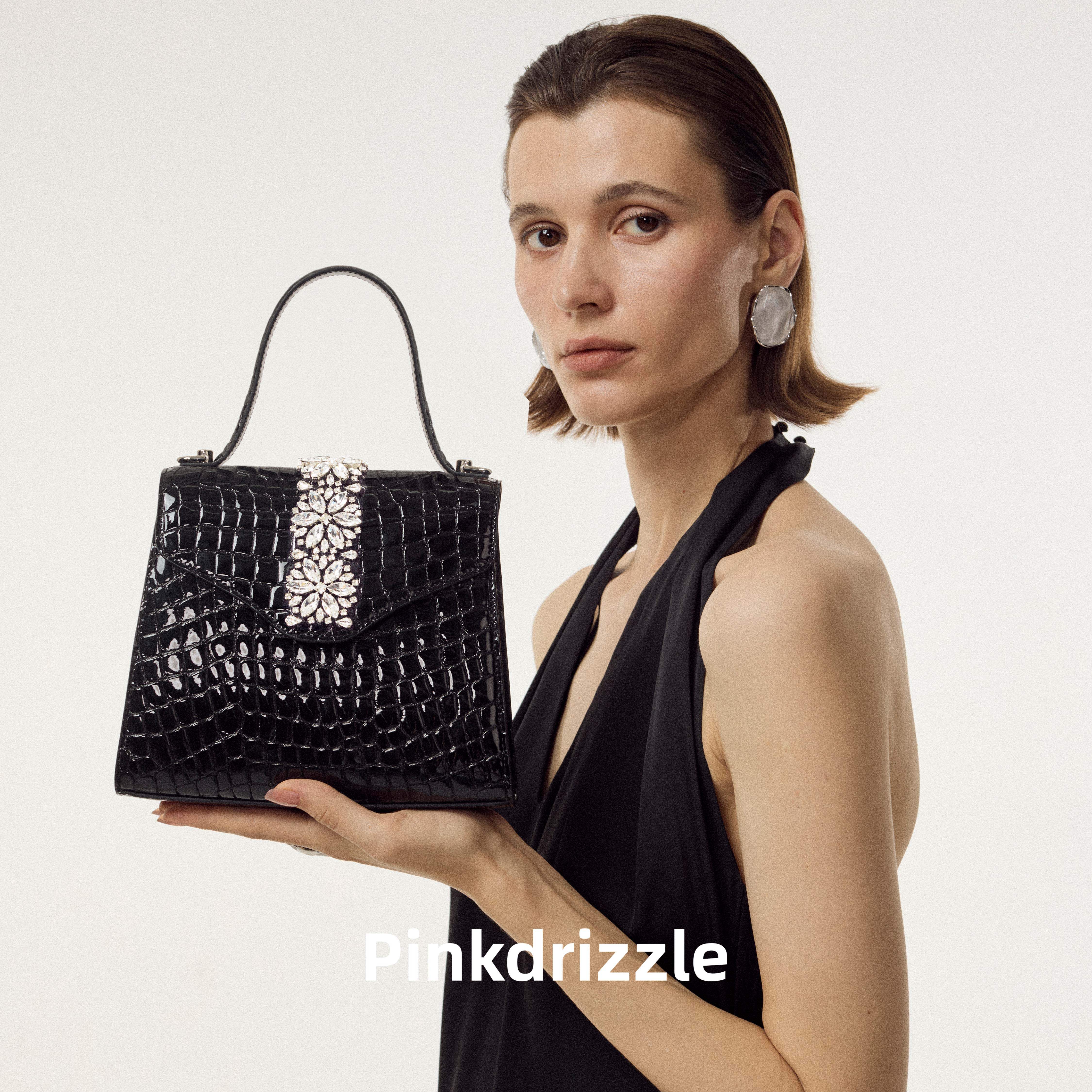 Pinkdrizzle繁花手工钻鳄鱼压纹手拎包