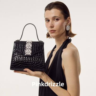 Pinkdrizzle繁花手工钻鳄鱼压纹手拎包