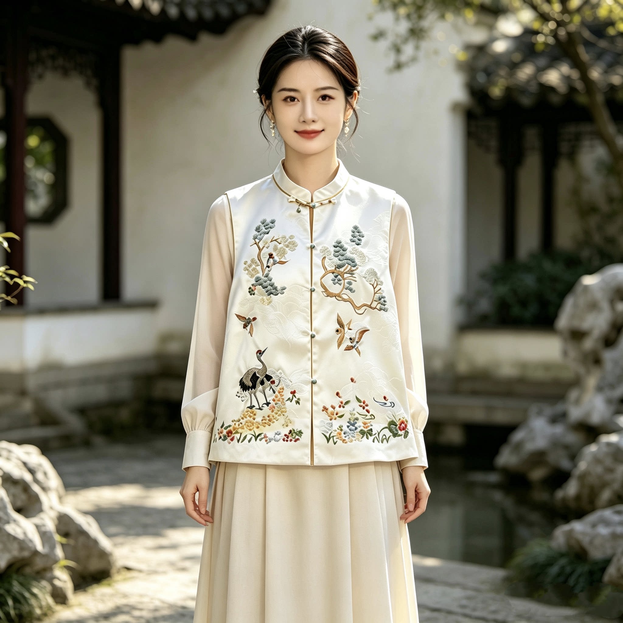 新中式真丝刺绣马甲女秋季仙鹤鸟上衣