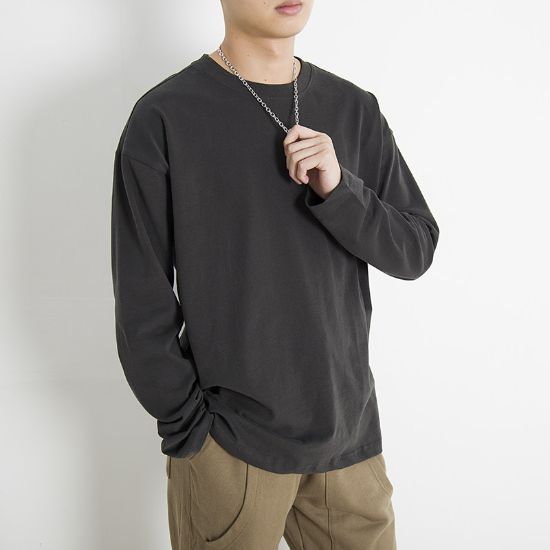 简质男装秋季oversize水洗纯色纯棉长袖圆领t恤男宽松男士打底衫