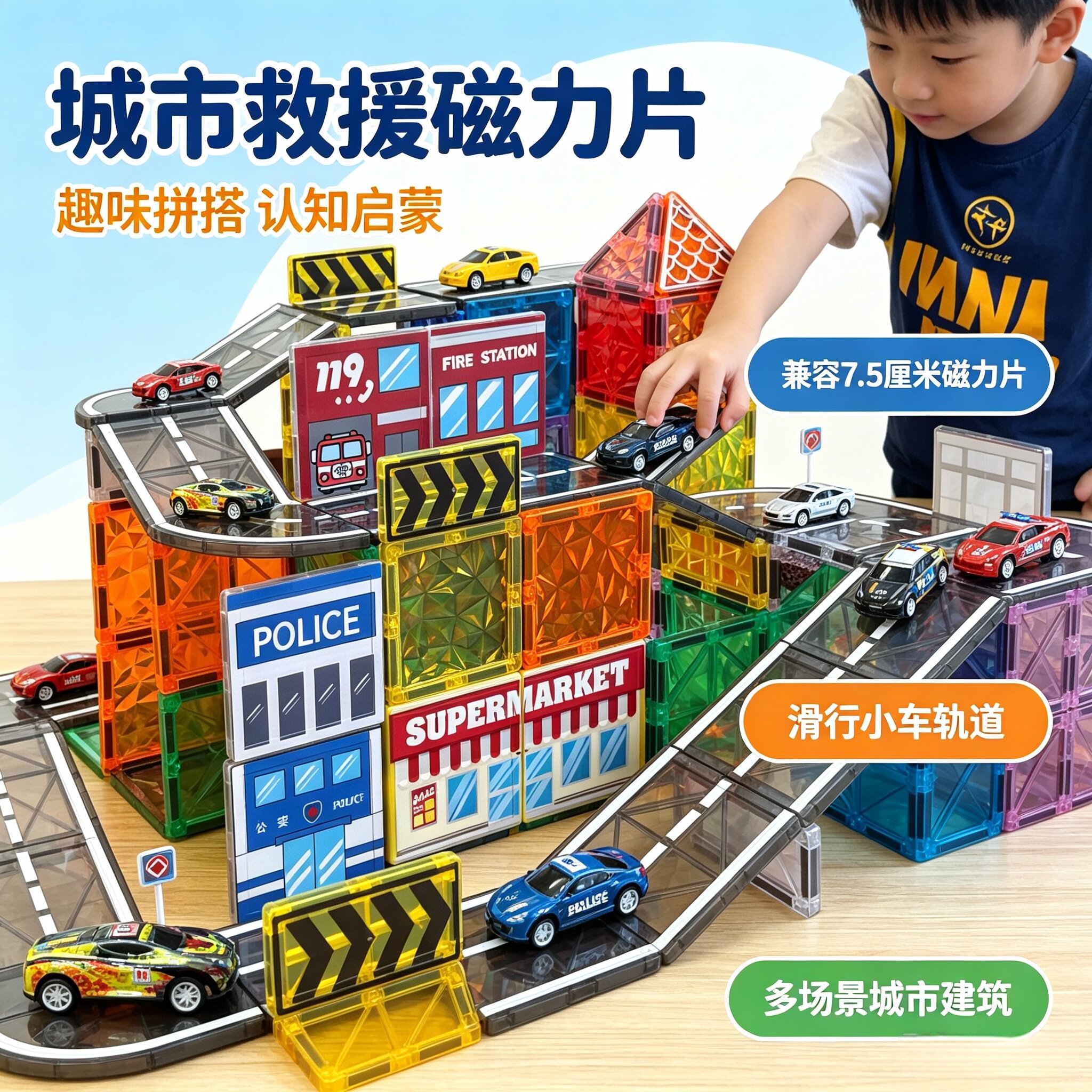 道路磁力片彩窗7.5警察局消防医院交通城市拼搭构建积木益智玩具