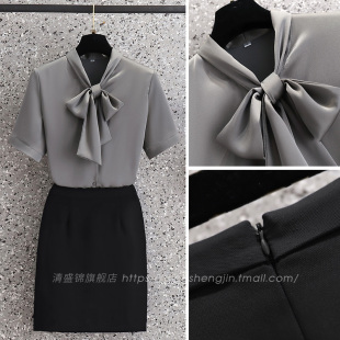 灰色短袖女职业衬衫套装 酒店前台售楼处美容院工作服