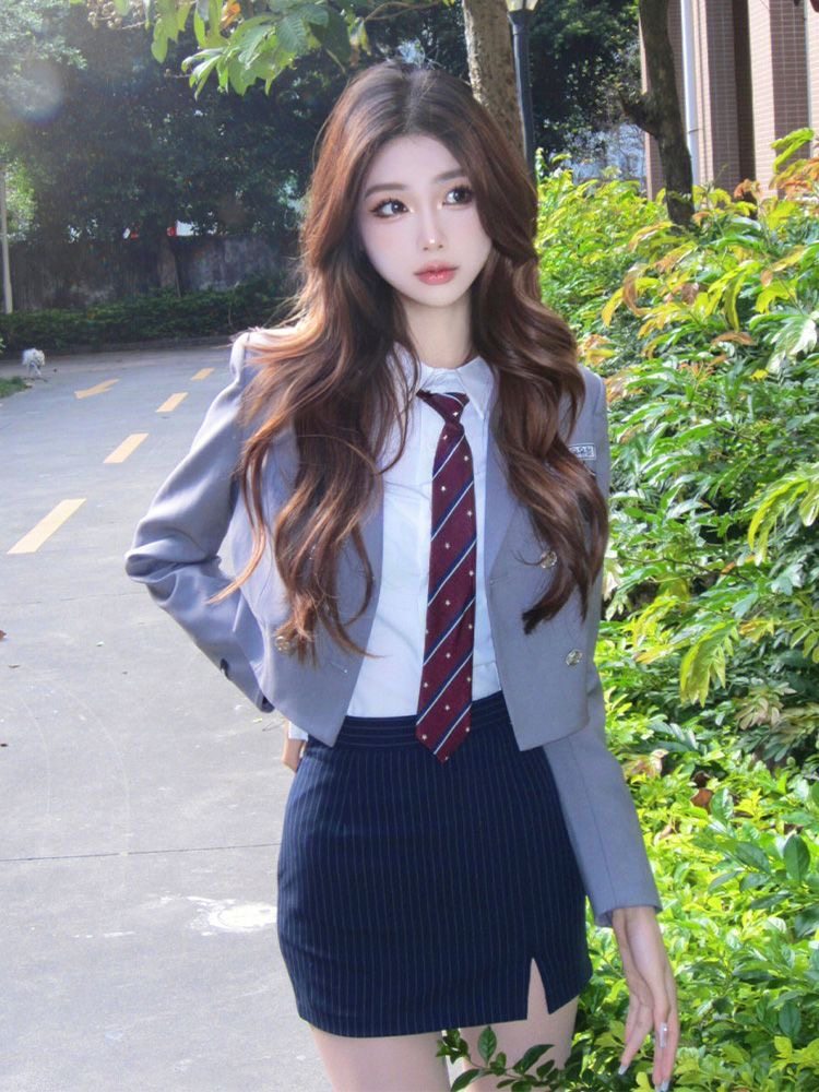 学院风jk制服套装女春秋新款辣妹短款西装外套条纹半身裙两件套潮