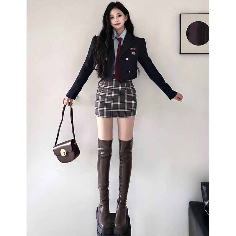 韩系辣妹套装女秋季新款学院风jk制服短款西装外套衬衫高腰半身裙
