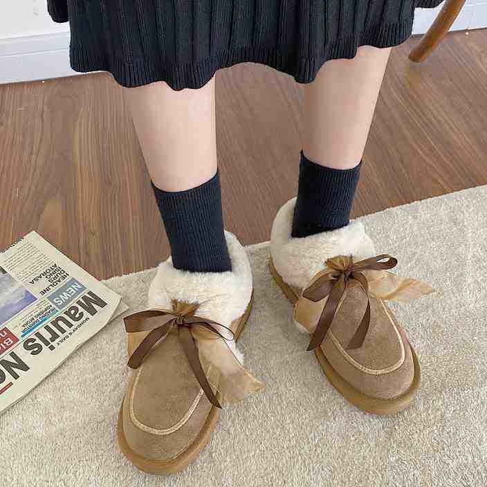 雪地靴女2021秋冬加厚时尚面包鞋中筒短靴加绒保暖棉鞋蝴蝶结防滑