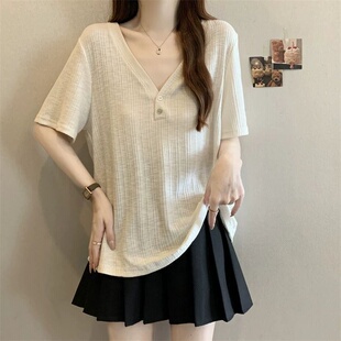 慵懒风胖mm短袖 300斤韩系洋气遮肚子宽松休闲上衣 V领T恤女特大码