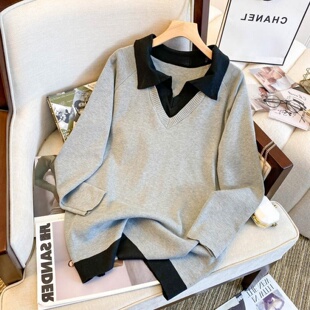 针织毛衣衫 胖MM300斤大码 假两件宽松遮肉休闲显瘦简约polo领长袖