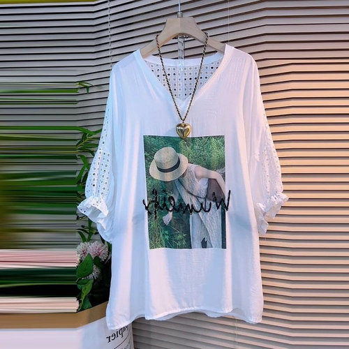 大码后背镂空拼接短袖洋气中长款