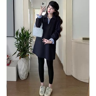 宽松遮肚休闲简约上衣胖MM拼色长袖 韩版 套头卫衣女 新款 300斤大码