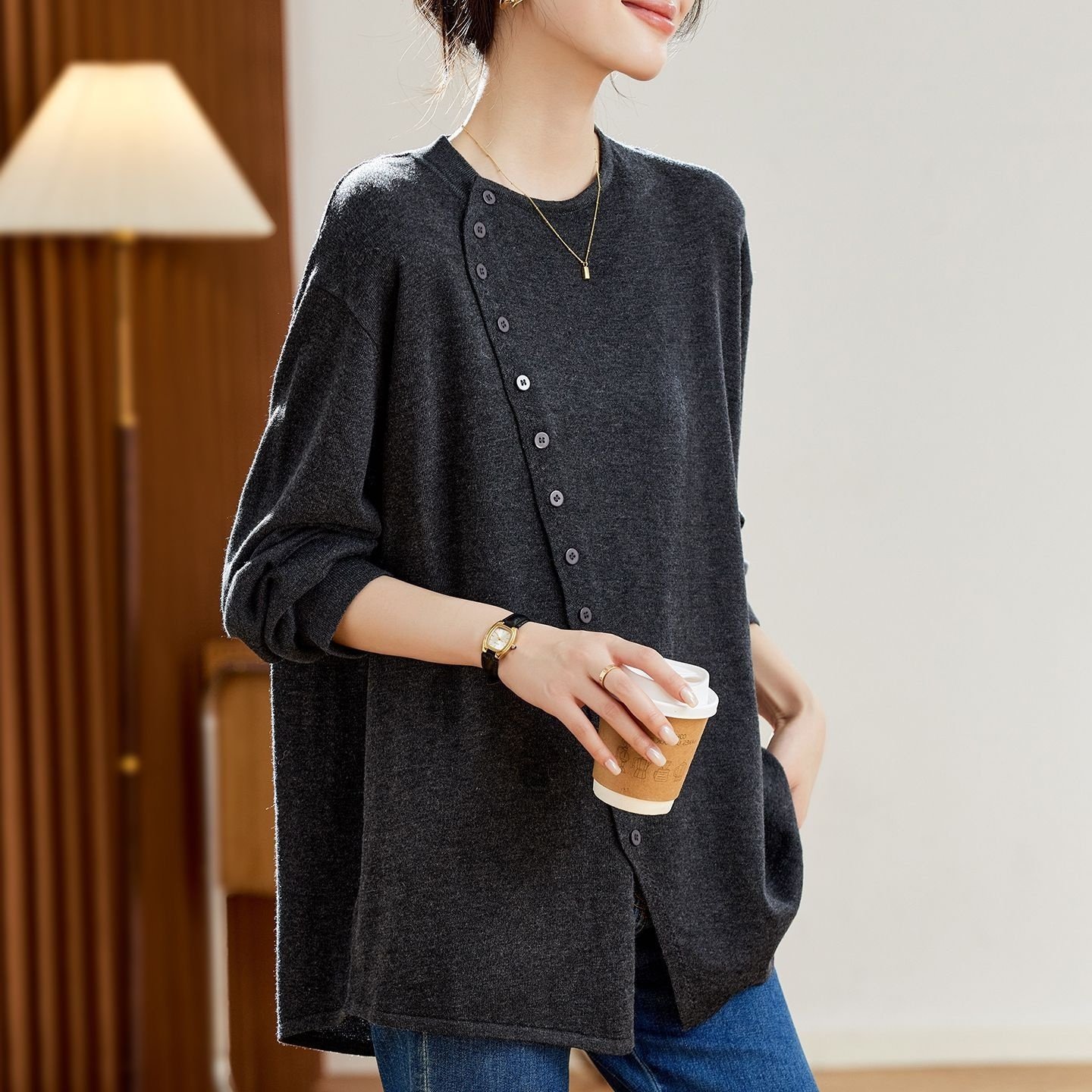 大码设计感纽扣拼接纯色T恤女300斤胖mm舒适宽松遮肉休闲显瘦上衣