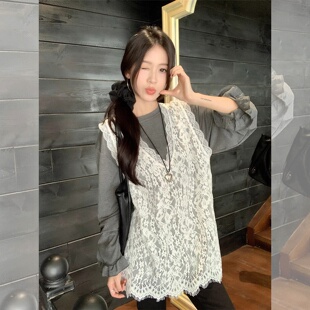 洋气宽松显瘦V领无袖 叠穿蕾丝背心女300斤加大码 上衣 时尚 胖mm夏装