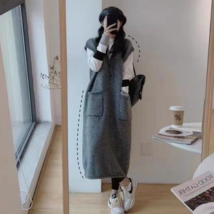 300斤胖MM大码v领针织马甲女秋冬无袖外搭叠穿毛衣坎肩叠穿背心裙