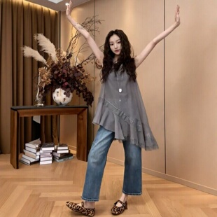 气质宽松休闲显瘦背心 女胖mm法式 300斤超大码 不规则蕾丝V领雪纺衫