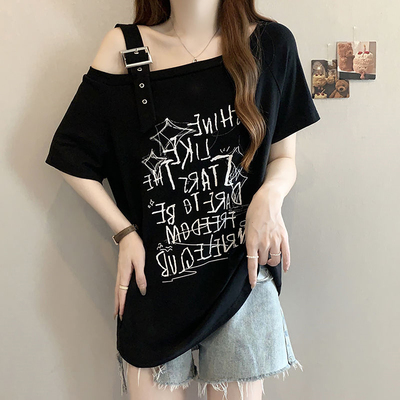 美式辣妹港风斜肩短袖T恤女