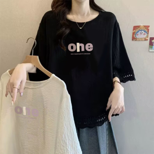 夏季 宽松遮肉休闲显瘦简约上衣 胖mm字母印花半袖 T恤女300斤超大码
