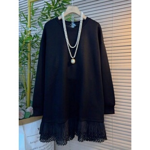 拼接T恤女胖妹妹宽松遮肉休闲显瘦百搭上衣 流苏长袖 300斤大码 新款