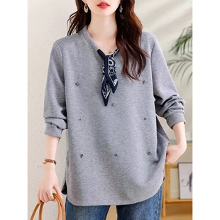 V领拼接中长款 新款 复古宽松遮肉休闲显瘦长袖 300斤大码 卫衣 胖MM2