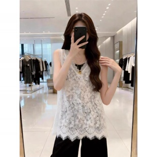 洋气宽松遮肉显瘦上衣 V领背心女300斤超大码 夏季 胖mm休闲蕾丝无袖