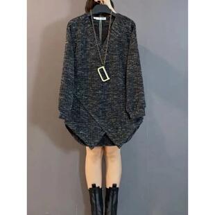 胖MM不规则长袖 宽松遮肚休闲显瘦上衣 拼接V领简约卫衣300斤超大码
