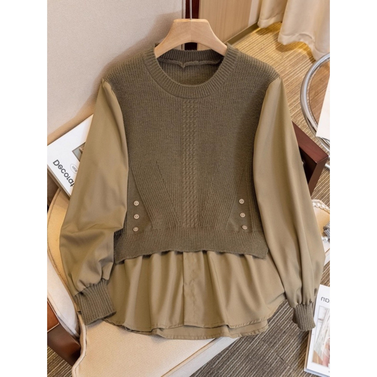 洋气宽松假两件长袖针织衫毛衣