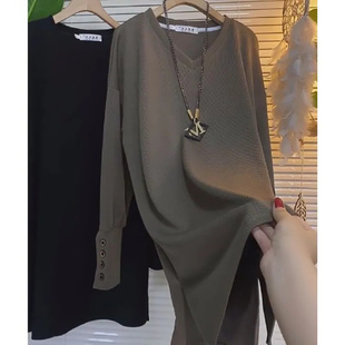 简约百搭中长款 上衣女300斤大码 T恤 胖MM宽松显瘦遮肉长袖 春秋新款