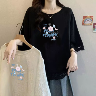 上衣胖mm舒适宽松休闲显瘦简约T恤女 300斤大码 植物花卉印花半袖