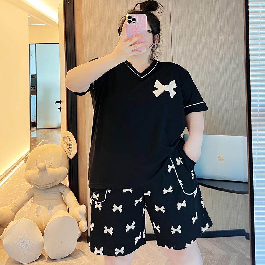 胖mm特大码300斤宽松卡通印花V领慵懒风套装短袖短裤睡衣家居服女,女士内衣/男士内衣/家居服,睡衣/家居服套装,淘宝优惠券,粉丝福利购,淘宝优惠卷
