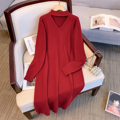 韩版镂空V领针织毛衣裙