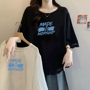 300斤胖mm韩版 半袖 印花上衣2 T恤女 宽松简约休闲短袖 大码 夏季 女装