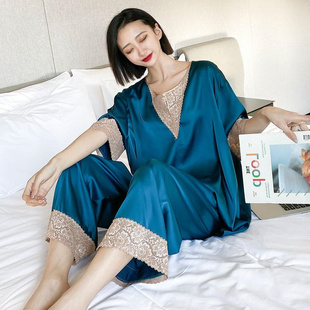 300斤大碼 家居服 七分褲 高級(jí)感冰絲睡衣女夏天兩件套蕾絲拼接短袖